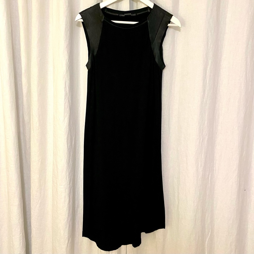 All Saints Black Dress with Leather Cap Sleeves